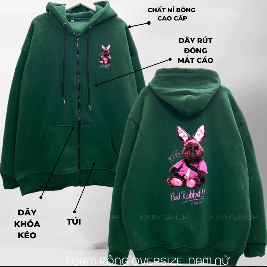 Áo HOODIE DÂY KÉO BAD RABBIT form rộng oversize, Áo KHOÁC Nỉ hoodie ZIP unisex Nỉ bông cao cấp