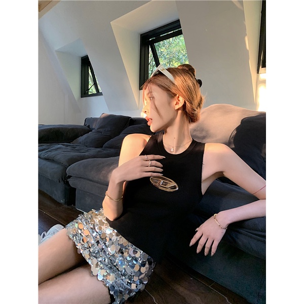 QADCOL Áo Len Cổ Thuyền Không Tay Màu Đen Thời Trang Xuân Hè Cho Nữ