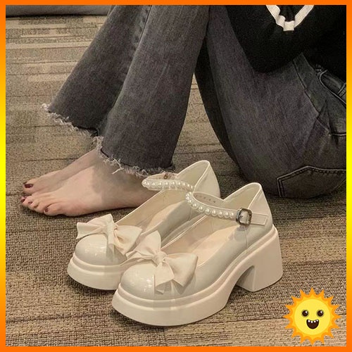 Giày nữ lolita thời trang với nơ ngọc trai đáy dày