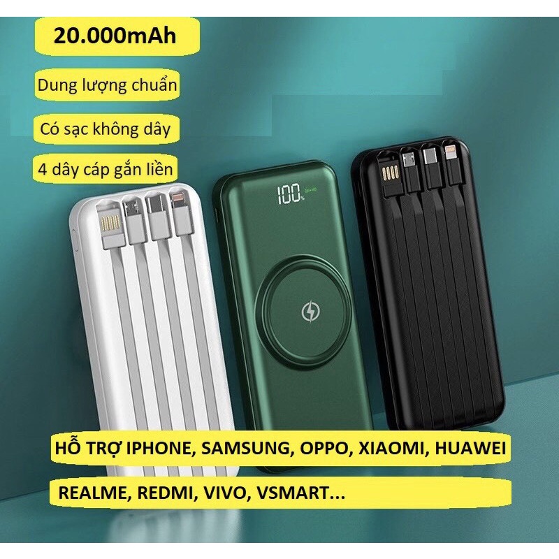 Sạc dự phòng không dây 20000 mAh, kèm 4 dây sạc gắn liền, vỏ sạc chống sốc