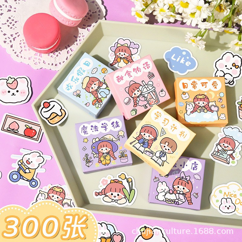 Hộp 100 tấm sticker cute trang trí dán tập vở,bình nước, bút
