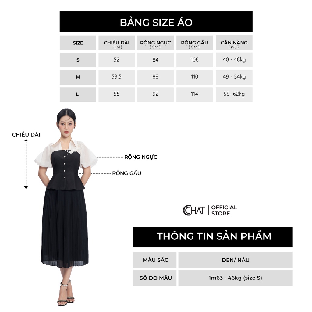 Áo Sơ Mi Nữ 𝐂𝐂𝐇𝐀𝐓 Cổ Kiểu Tay Bom Peplum Chất Liệu Tuytsi Cao Cấp 53FNS8003PT