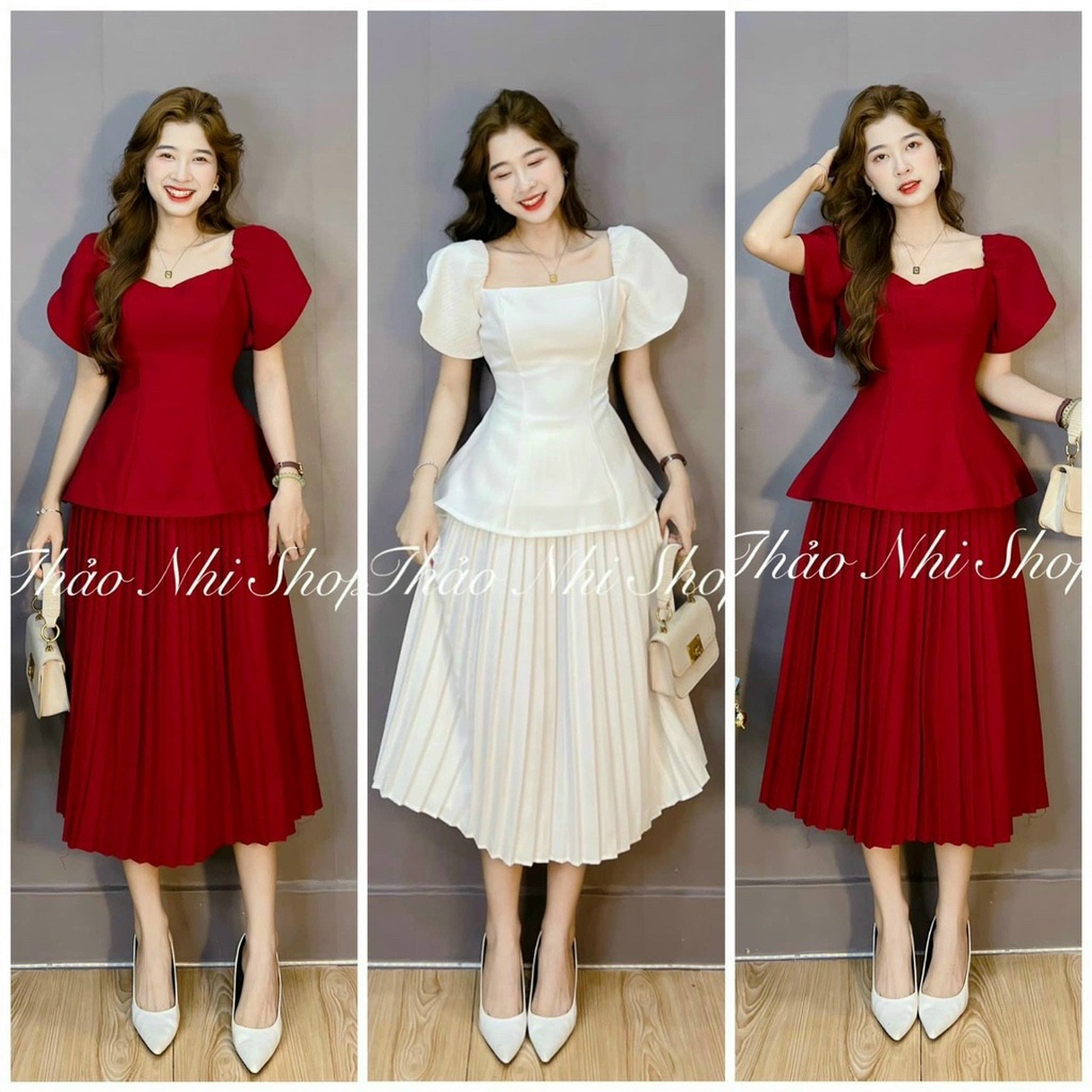Set bộ thờiv trang nữ áo tuyết nhung cổ vuông tay ngắn váy lụa dập ly xoè maxi