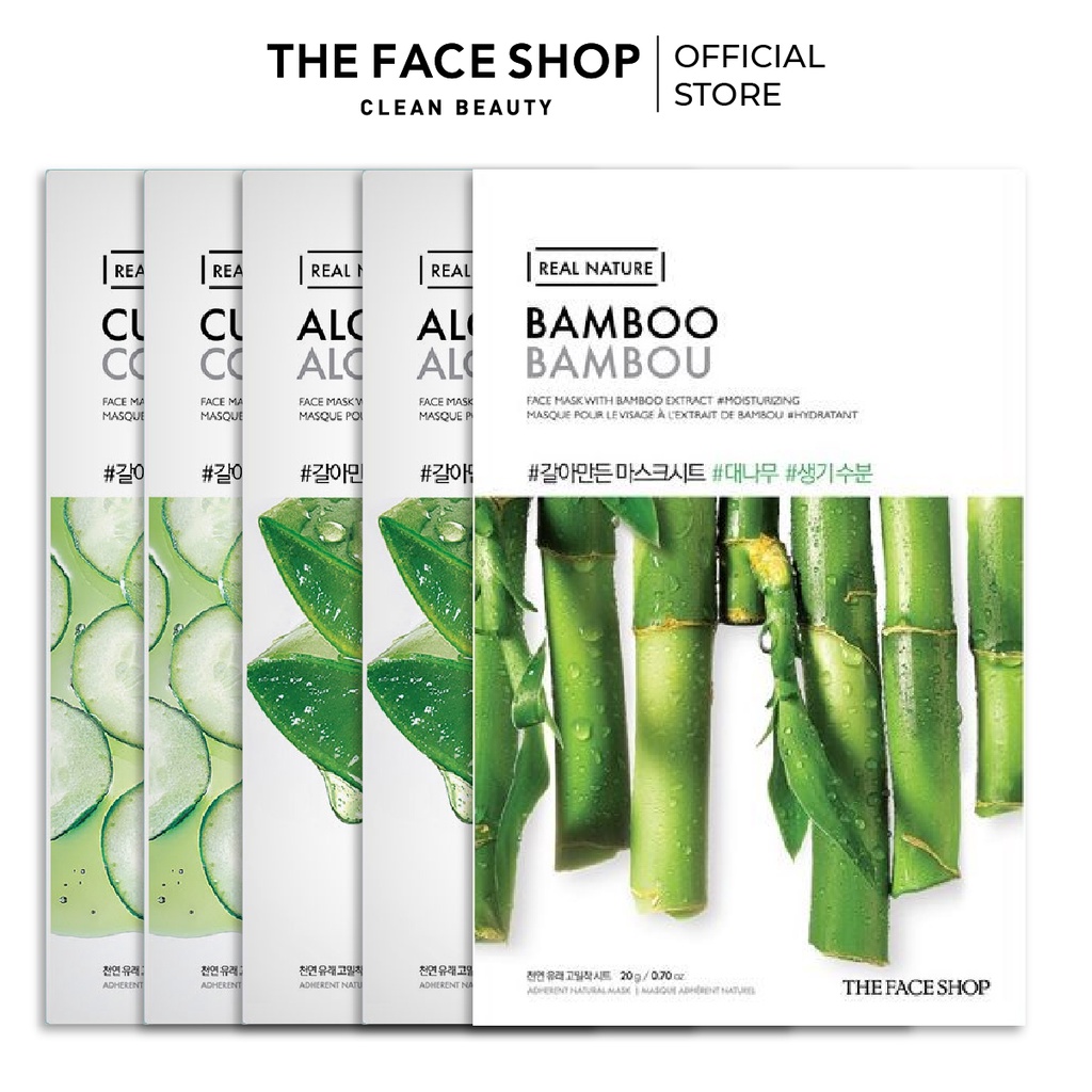 Combo 5 Mặt Nạ Cấp Nước THE FACE SHOP Real Nature 20g (dưa leo,nha đam,tre)