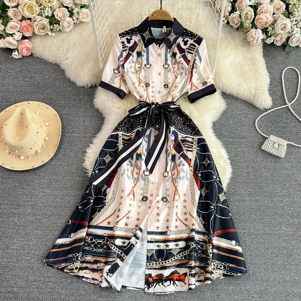 Đầm mùa hè phong cách retro ngắn tay có ve áo eo định vị giảm béo in hình đơn ngực áo sơ mi nữ