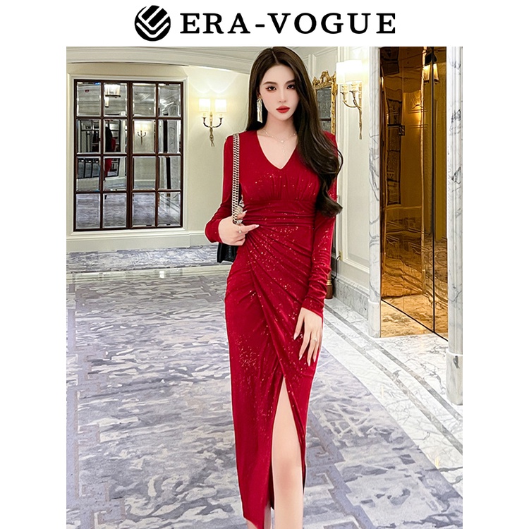 EraVogue🌷 Đầm Dự Tiệc Cổ Chữ V Xẻ Sâu Đính Kim Sa Phong Cách Mới Cho Nữ 9573