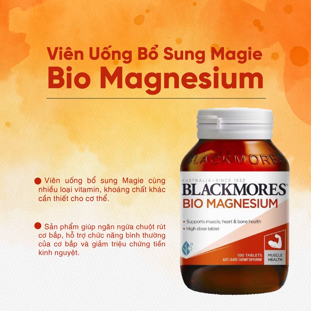 Bổ sung maige tự nhiên hỗ trợ cơ bắp và mệt mỏi biếng ăn Blackmores Bio Magnesium 100 viên tăng cường đề kháng của Úc