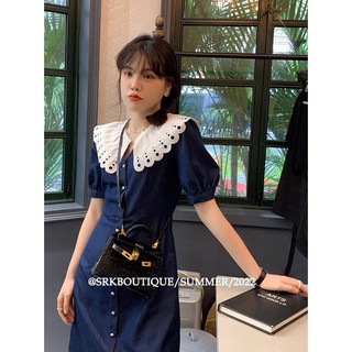 Váy xanh than cổ sen trắng to tay cộc dáng a ngắn