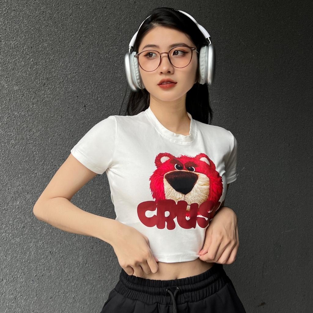 Áo croptop nữ ngắn tay in hoạ tiết Gấu dâu Xquin, Áo kiểu nữ ngắn tay cổ tròn phong cách Hàn Quốc