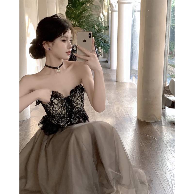 Bộ Áo Ren Không Tay + Chân Váy Lưới Lưng Cao Thời Trang Mùa Hè Cho Nữ