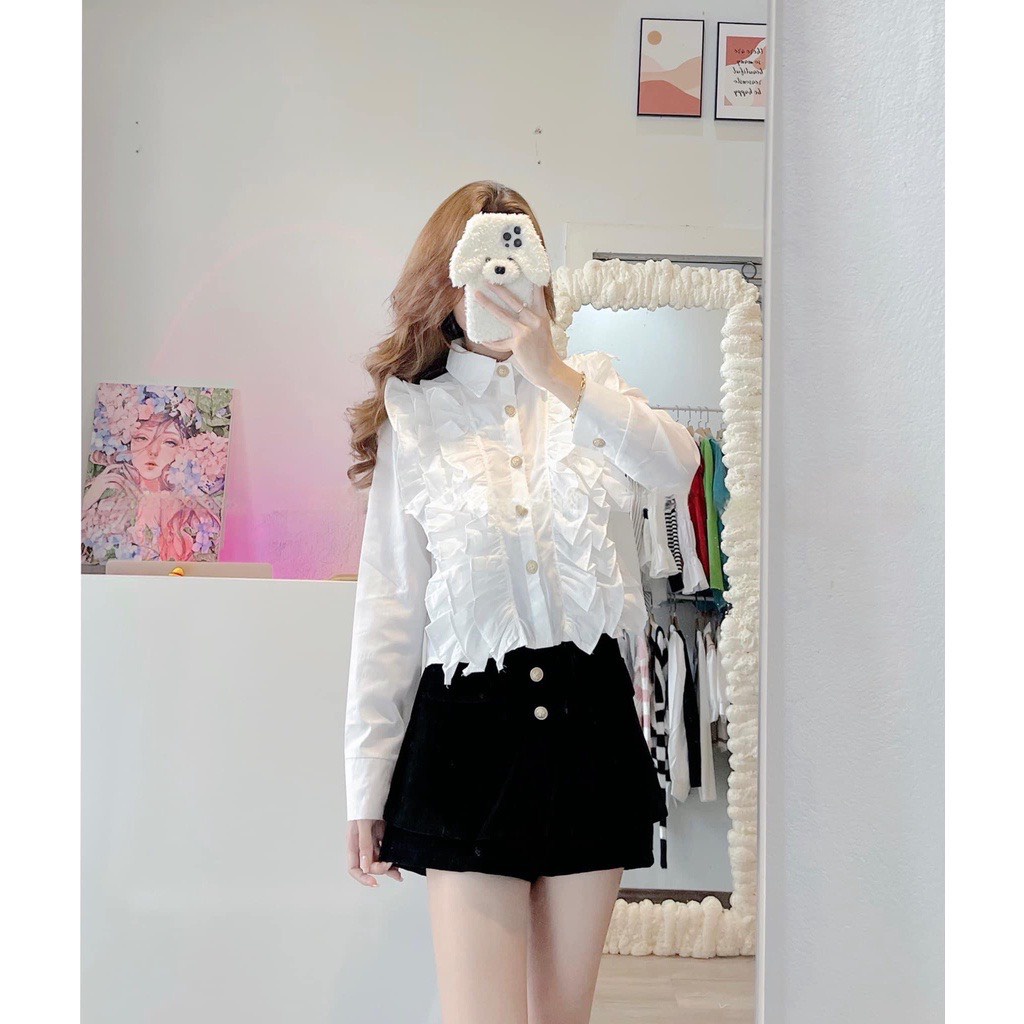 [Ảnh thật/Sẵn] Áo Sơ Mi Thô Viền Bèo Khuy Đồng Dài Tay Dáng Ngắn