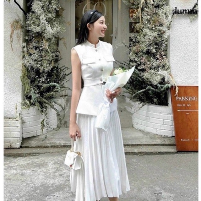 Set áo bèo xốp caro cài nút kèm chân váy voan dập ly Vip 129