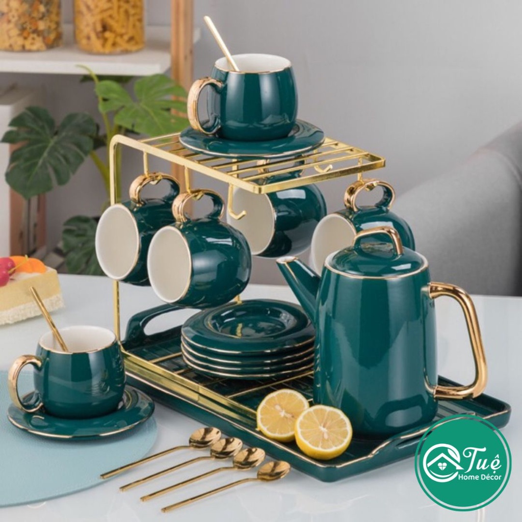Bộ ấm chén uống trà màu trắng viền vàng sang trọng - Tuệ Home Decor