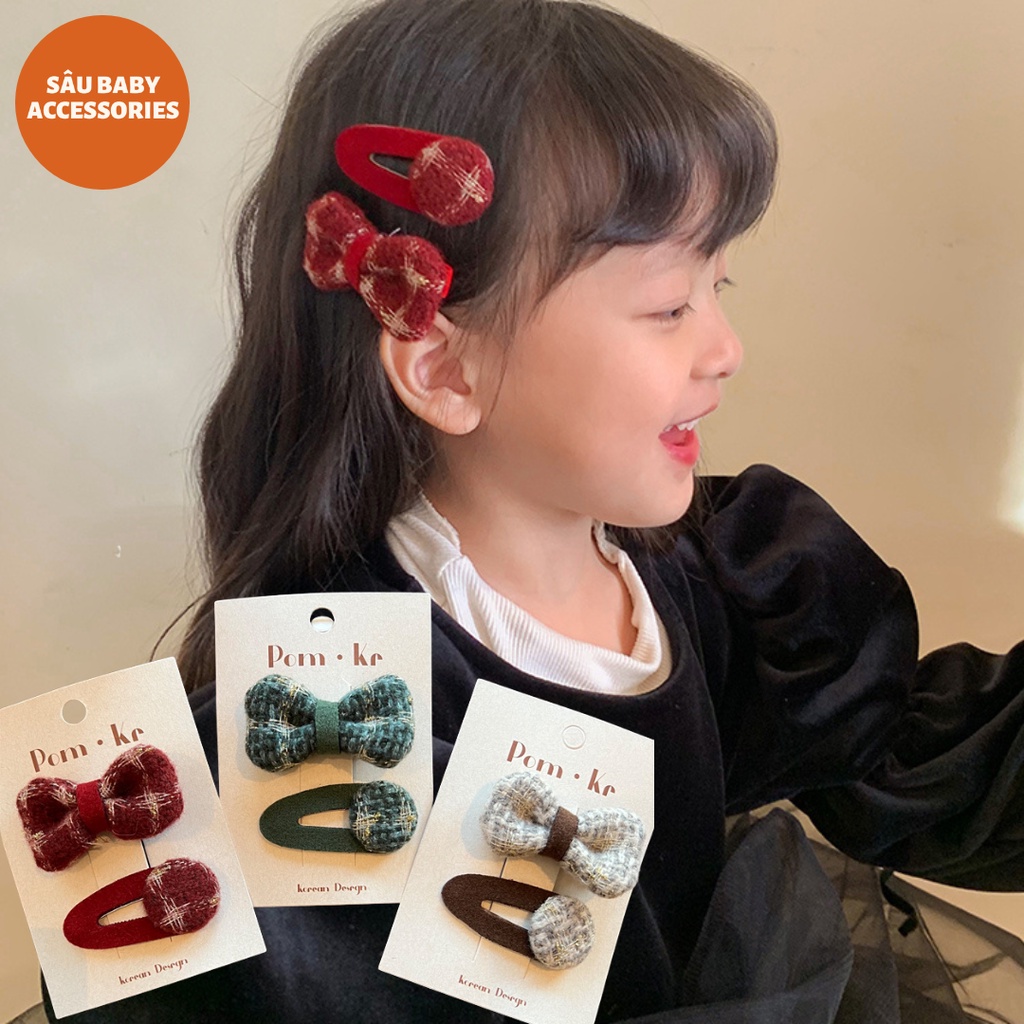Sét hai chiếc kẹp tóc vải dạ kẻ lấp lánh cho bé
