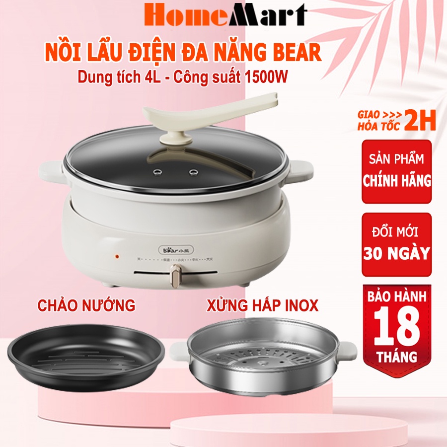 Nồi lẩu điện đa năng Bear 4L 1500W, nồi lẩu nướng đa năng 3in1, HomeMart – Hàng chính hãng bảo hành 6-18 tháng