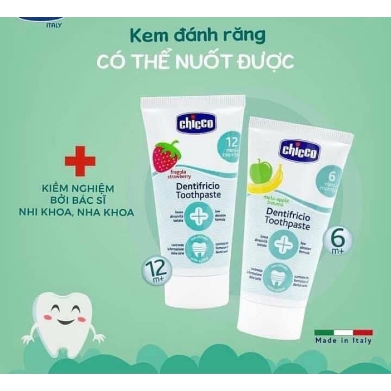 Kem đánh răng chicco cho bé từ 6 tháng CHICCO, nội địa Ý tuýp 50ml. Kem đánh răng nuốt được