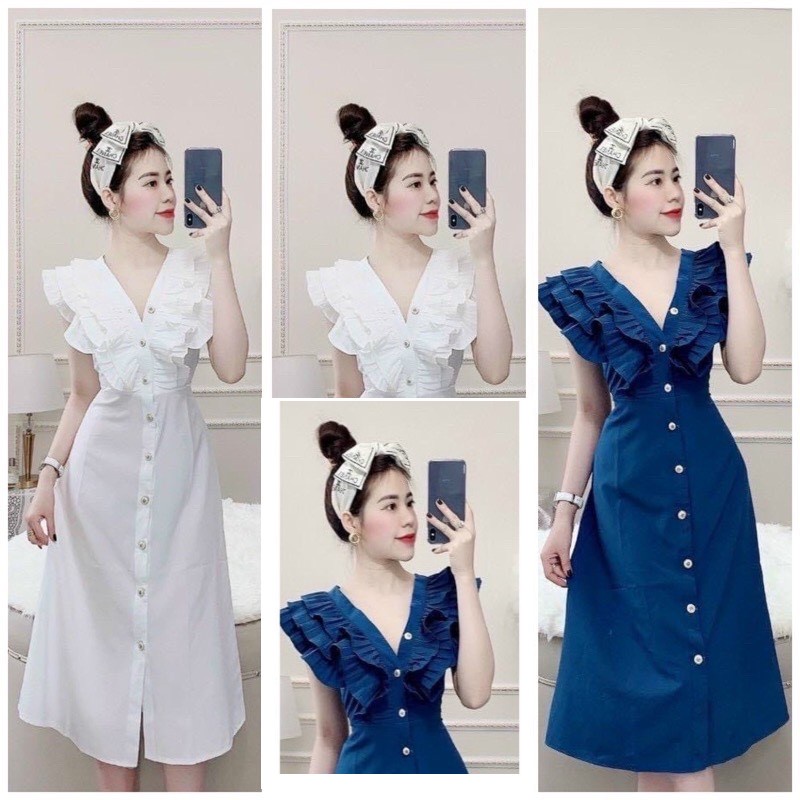 Đầm tiểu thư thiết kế phối bèo nổi duyên dáng ( xanh - trắng ) - TV037
