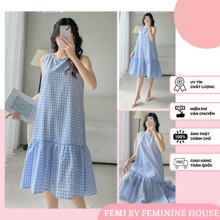 Đầm Caro Suông, váy suông caro, váy kẻ, váy mặc bầu, váy đi chơi