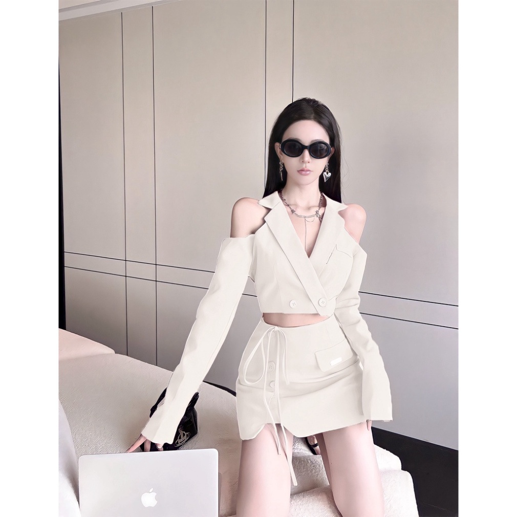 (Fom: <55kg) Set Crop Vest Cột Eo Hở Vai Chân Váy JL41 | BigBuy360 - bigbuy360.vn