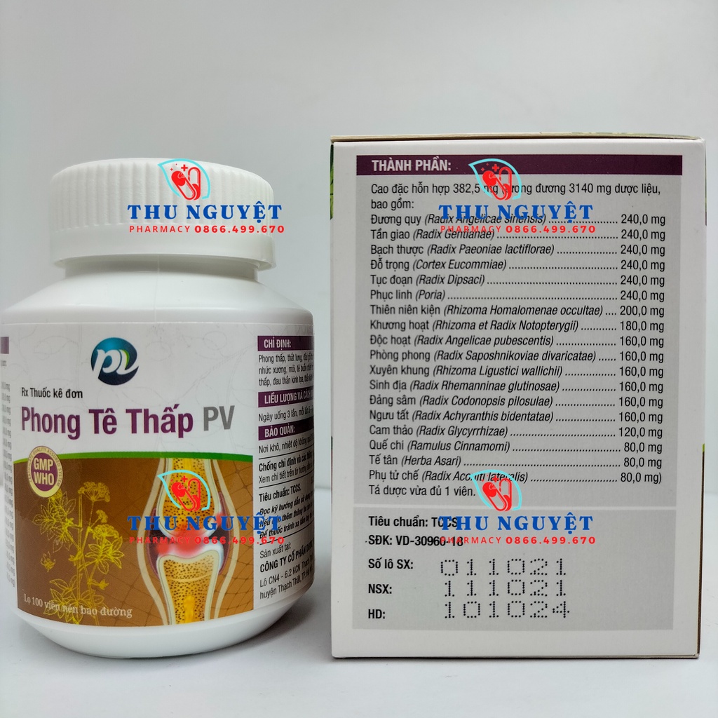 Phong Tê Thấp PV lọ 100 viên - Dùng cho người phong thấp, đau thắt lưng, đầu gối đau nhức, đau nhức xương, sưng khớp