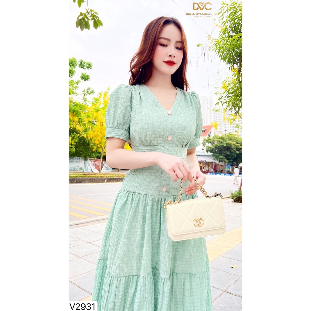 VÁY XÔP XANH MIN CỔ V ĐÍNH CÚC V2931 -DVC