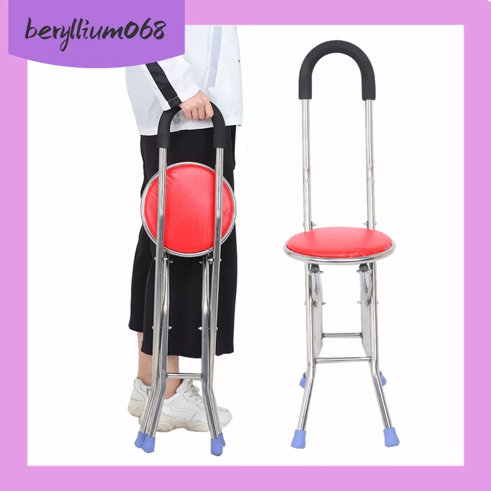 GẬY CHỐNG CÓ GHẾ NGỒI CHO NGƯỜI GIÀ - có thể gập lại bằng Thép không gỉ Bốn chân Gấp đi bộ Đi Mía Beryllium068