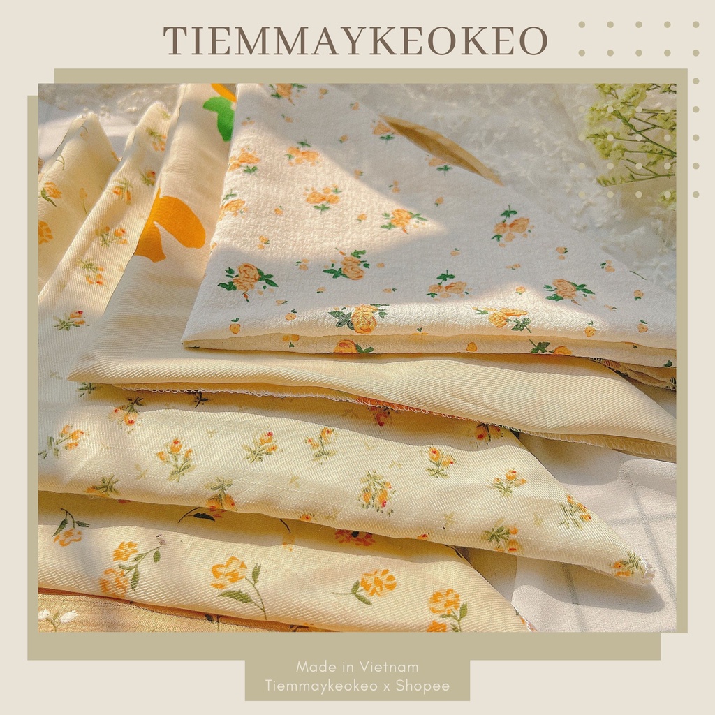Khăn vải bandana TIEMMAYKEOKEO kích thước 50x50cm vải mềm hoạ tiết hoa hoa nhí tone nâu be ong thời trang nữ