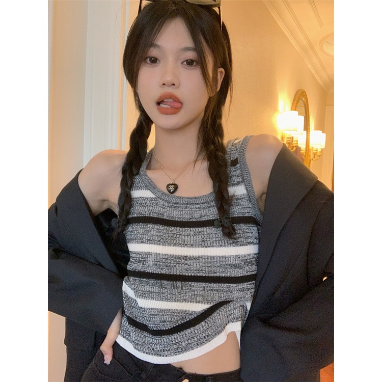 HUANG YOYO Áo Tank Top Dệt Kim Sát Nách Kẻ Sọc Kiểu Hàn Quốc Thời Trang Mùa Hè Cho Nữ