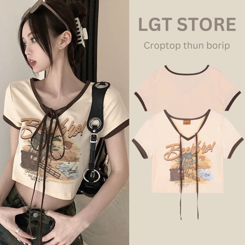 Áo thun croptop cổ tim cột dây [CÓ ẢNH THẬT] in logo BEERBRO phong cách retro chất thun cotton co dãn 4 chiều