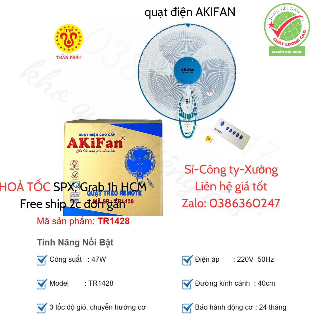 Quạt treo tường điều khiển từ xa AKIFan TR1428, TR 788 ship hoả tốc, bảo hành 24 tháng