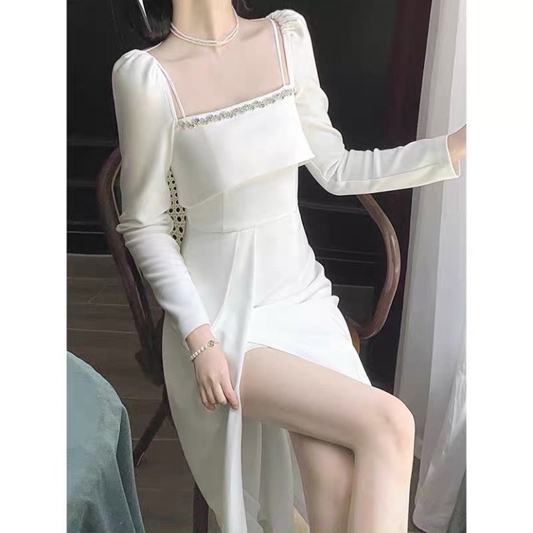 (Fom: <55kg) Maxa Cổ Vuông Viền Dá Xé Đùi Đầm Công Chúa,, Váy Công Chúa, Đầm Tiểu Thư JL55 | BigBuy360 - bigbuy360.vn
