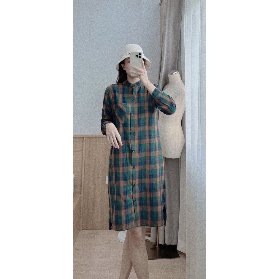 Váy sơmi cổ tàu dáng dài xẻ vạt ,đầm kẻ thô lien mềm đẹp mát mẻ nịnh da-Minxy shop