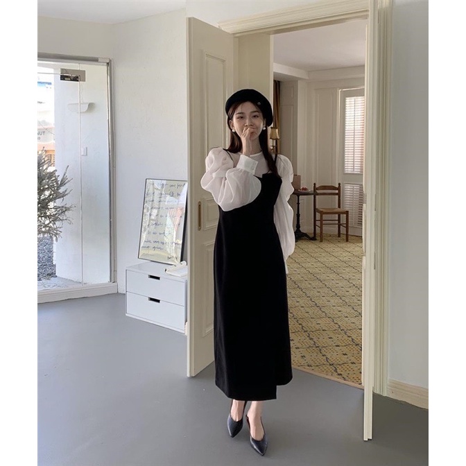 Set váy nhung 2 dây bèo phối áo tơ tay dài