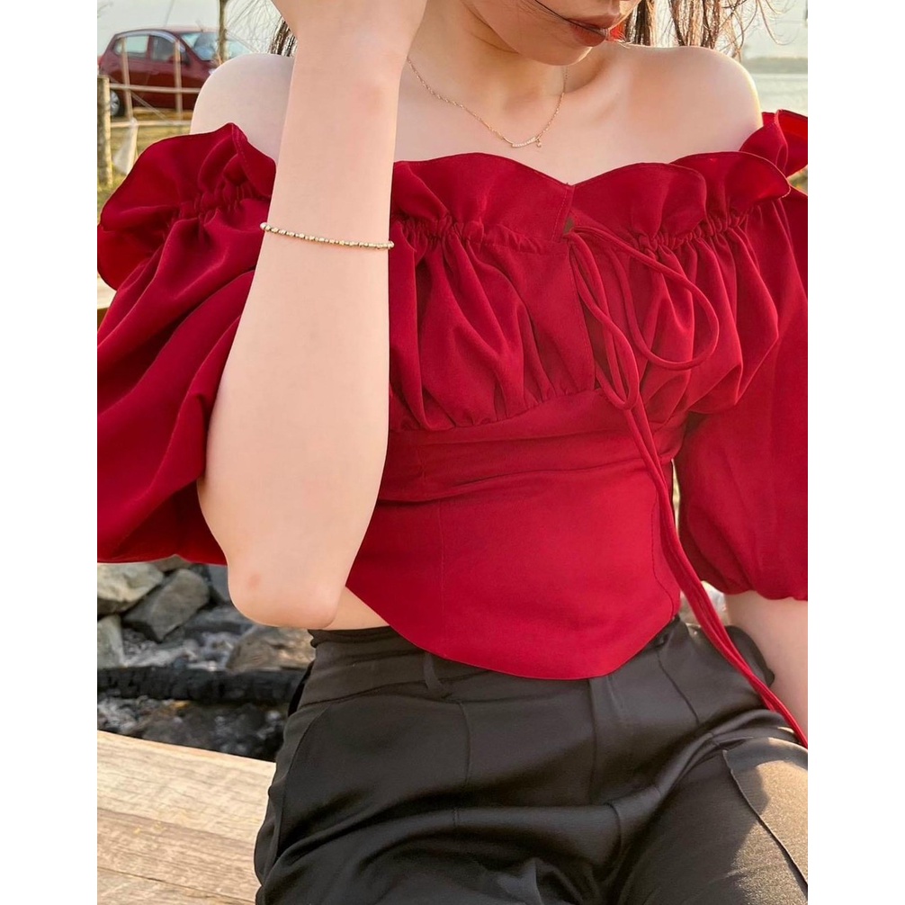 ÁO TRỄ VAI BÈO ĐỎ RƯỢU KHÔNG NGĂN KHÓA LƯNG QUYẾN RŨ, ÁO KIỂU NỮ  RUBY UTRRB