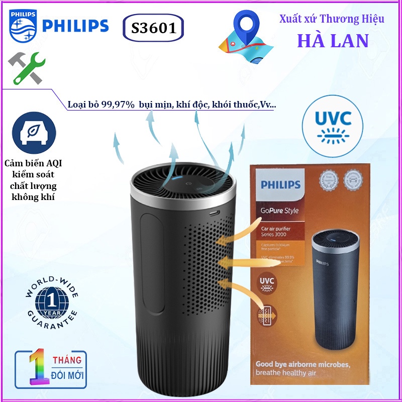 {CHÍNH HÃNG - GIÁ SỐC} Máy khử mùi, lọc không khí dạng cốc trên xe ô tô Philips S3601