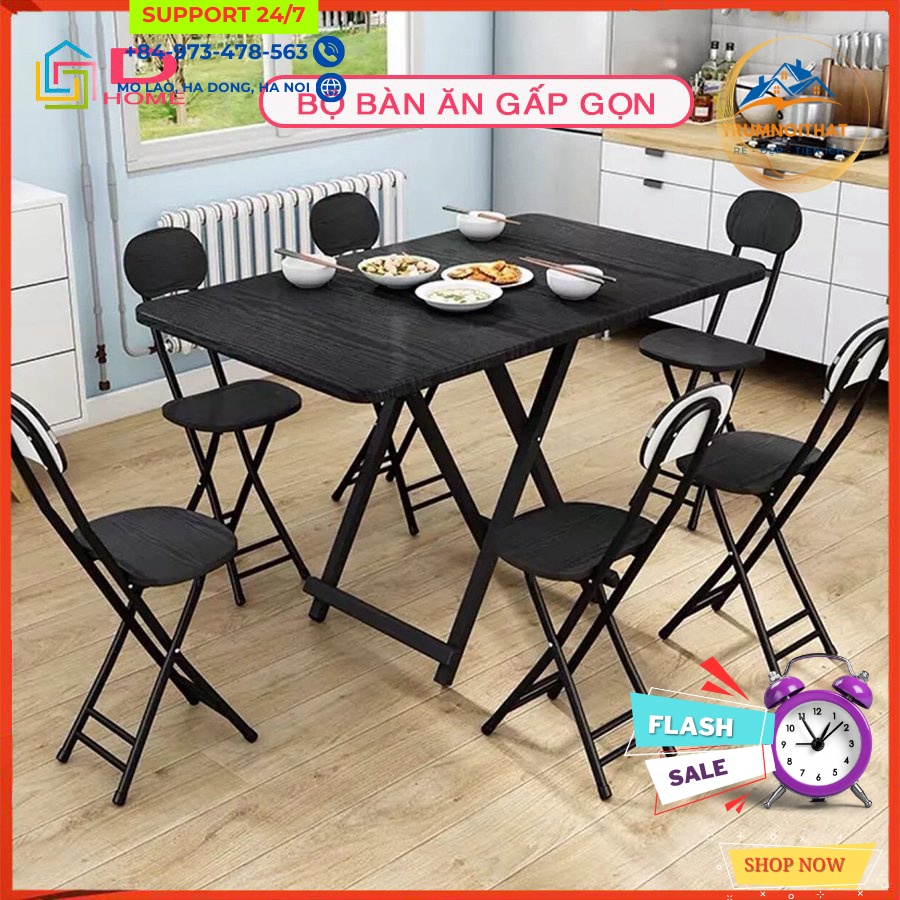 (1 Bàn +6 Ghế) Bộ Bàn Ghế Ăn Gấp Gọn Đa Năng, Bộ Bàn Ghế Xếp Thông Minh 120*60cm Chất Liệu Gỗ Phủ Melanin Chống Nước