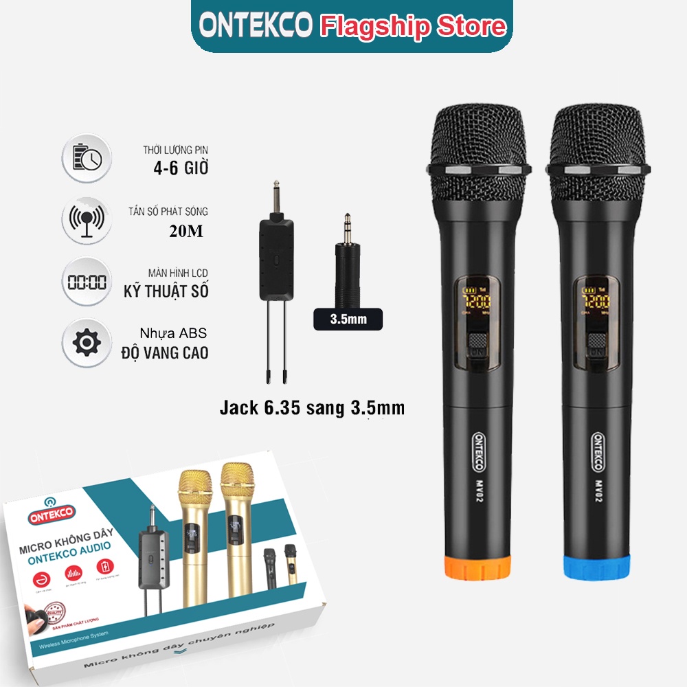 Trọn Bộ micro không dây ONTEKCO MV02 - 2 micro màu đen bóng thu phát sóng VHF không dây