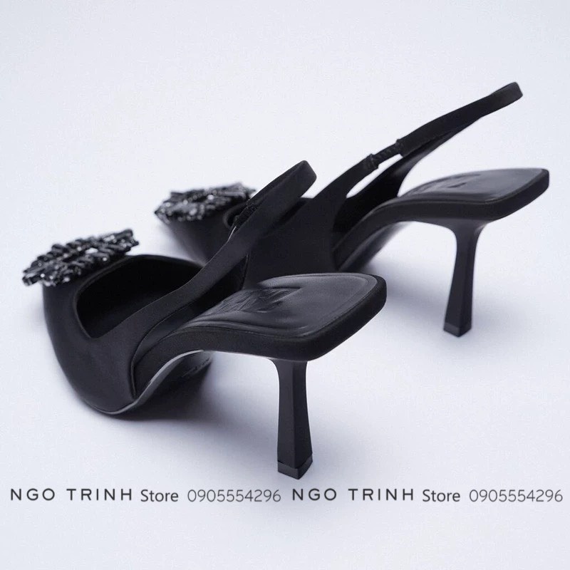 Giày cao Gót Nữ Mũi Nhọn Za.ra Đính Đá Đen Xuất Xịn FullBox cao 8cm