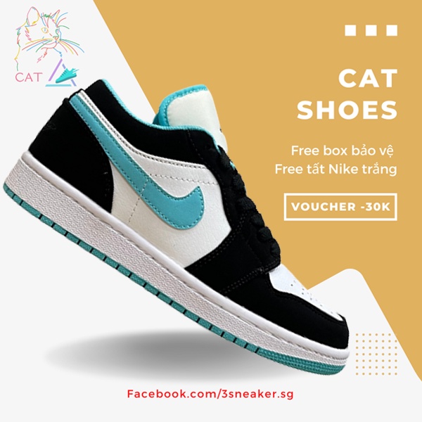 Giày Jordan 1 Low Island Green, JD1 Thấp Trắng Đen Móc Xanh Ngọc; Full Box, Phụ Kiện, Tặng Vớ Trắng