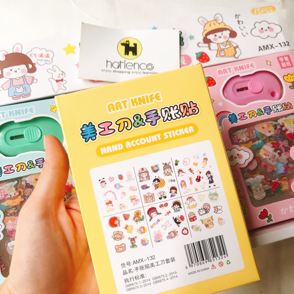 Hộp sticker cute kèm dao rọc giấy