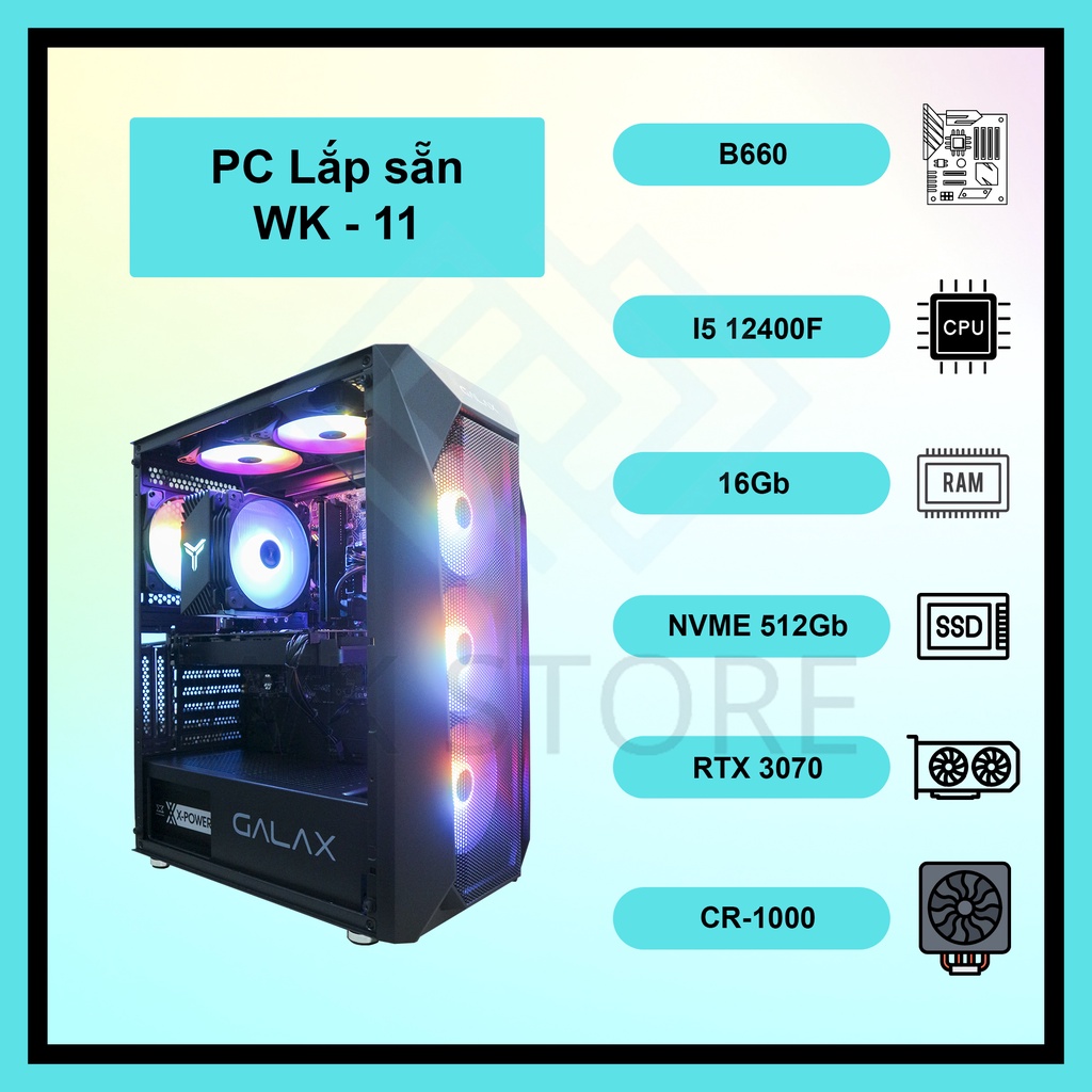 Thùng PC Gaming cấu hình cao WK-11 I5 12400F, 16GB Ram, VGA RTX 2060/3060 (BH 36T)