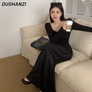 Đầm DUOHANZI dài tay hở lưng ôm dáng phong cách Pháp thời trang mùa thu cho nữ
