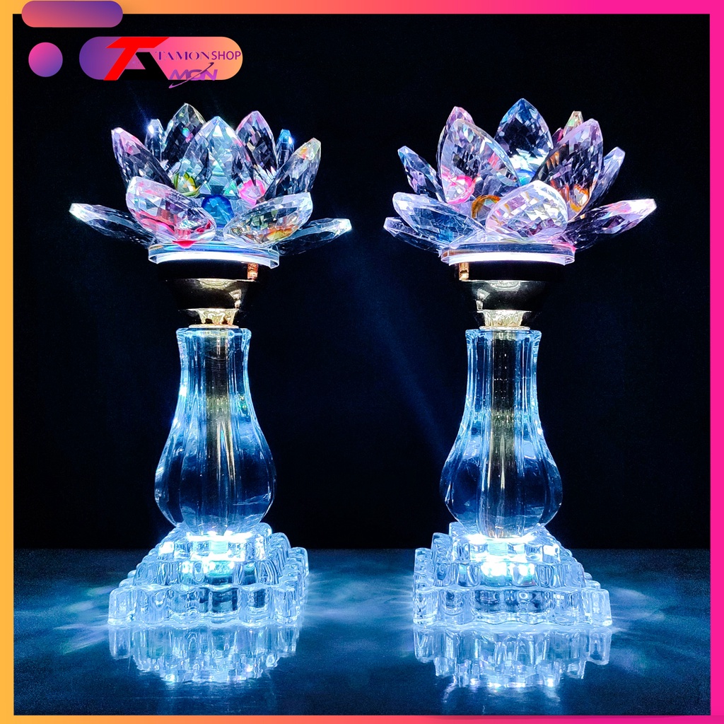 Cặp đèn thờ pha lê hoa sen pha lê cao cấp dùng trang trí tủ thờ, đèn phong thủy đẹp (PL35)