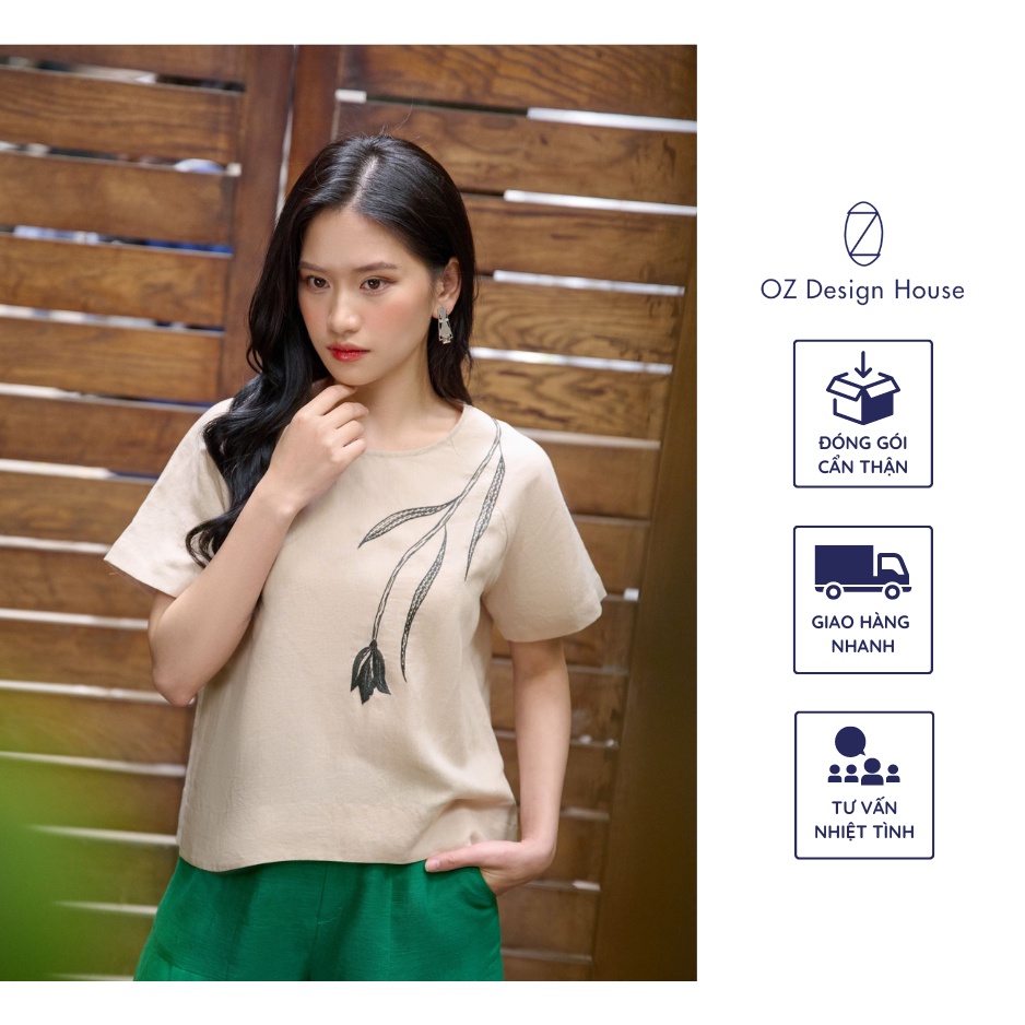 Áo ngắn tay nữ OZ Design House AO16160SUM23 cotton cổ tròn thêu hoa tuy líp màu be nhạt