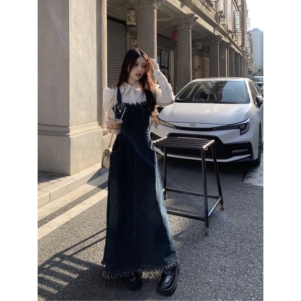 Set Áo Sơmi Tay Bồng Bo Ống Mix Váy Yếm Jeans Dáng Dài Qc Mẫu Mới Nhất 2023