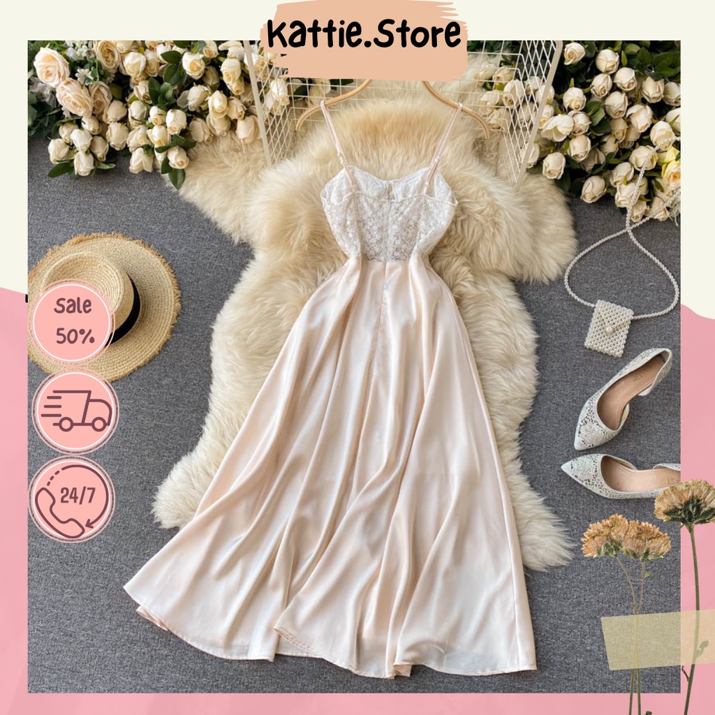 Đầm lụa bóng phối ren dáng dài phong cách Retro siêu gợi cảm, sang chảnh