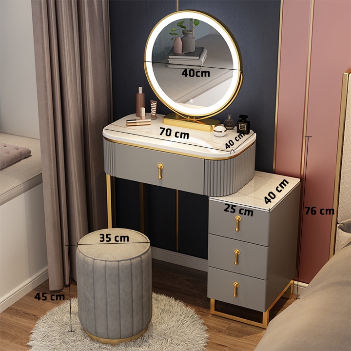 Bộ Bàn Ghế Trang Điểm Cao Cấp Hiện Đại Phong Cách Bắc Âu Tích Hợp Tủ Đựng Đồ, Có Gương Gắn Đèn LED Omega M139