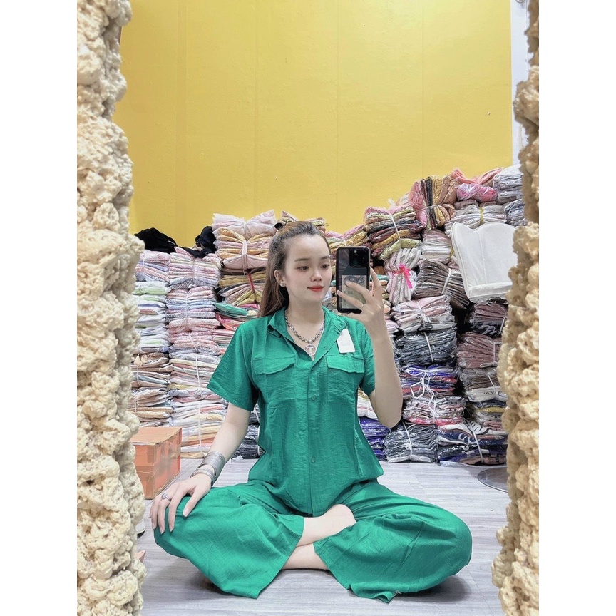 [4.4 Sales Freeship] Set bộ đồ nữ chất đũi xước áo cổ sơ mi có túi phối quần suông mặc thoải mái, năng động mtb