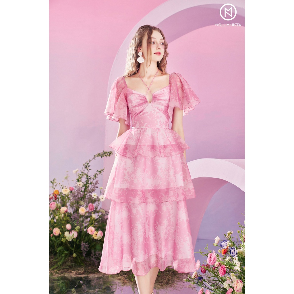 MOLLYNISTA - Đầm hồng organza von tơ in hoa tay loa 3 tầng quyến rũ thanh lịch thiết kế cao cấp tôn dáng