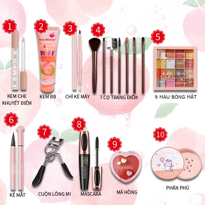 Bộ trang điểm đầy đủ LAMEILA 10 món makeup đầm nữ xinh Kem BB Phấn phủ Phấn mắt  Mascara Kẻ mày Kẻ mắt nước PS-T10-A01